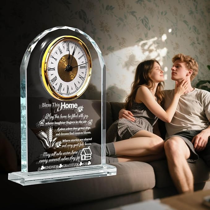 Housewarming Gifts for New Home, Engraved Crystal Glass Clock with Blessing Words, Elegant Home Decoration for Desk, Office, Bedroom - Unique House Warming Gift for Women, Men, Couples, Family