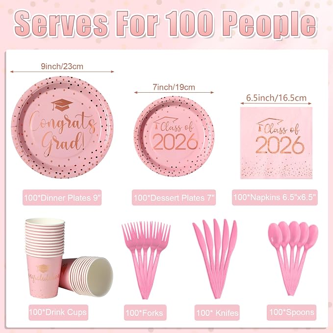 700pcs Class of 2026 Graduation Plates and Napkins Set, Disposable Paper Plate Set Polka Dots Plates Napkins Cups Knife Fork Spoon for Graduation Party Decorations and Supplies,Serve 100(Pink)