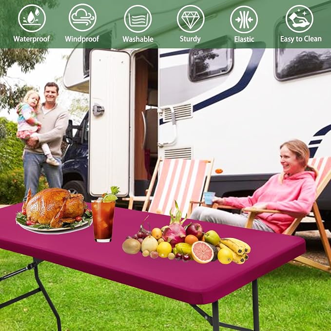 10 Pack Picnic Table Cover Elastic Fitted Outdoor Tablecloths for 6 Foot Rectangle Table Waterproof Stretch Washable Patio Folding Spandex TableCloth for Camping Banquet Parties (Hot Pink,30" x 72")