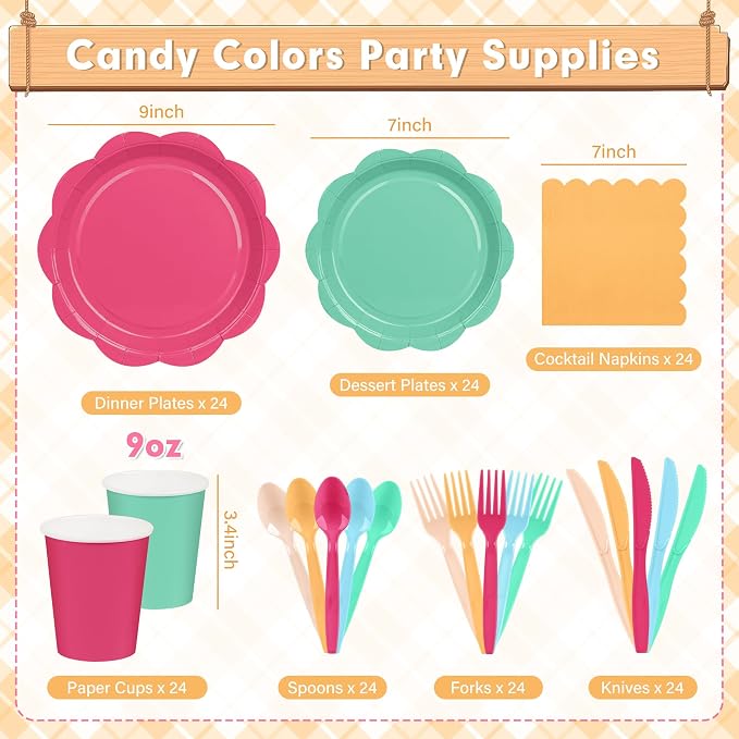 350 Pcs Candy Colors Party Plates and Napkins Party Supplies - Colorful Birthday Decoration Include Candy Colors Scalloped Plate Napkin Cup & Cutlery for Baby Shower, Wedding, Birthday, Bridal Shower