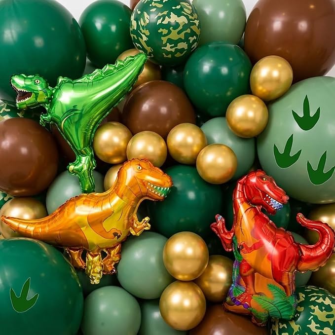 Dinosaur Two-Rex Birthday Decorations include Hunter Green Brown Gold balloon arch & small Dino Foil balloons & backdrop & footprint stickers for Kids Boys Jungle Safari Dino 2rd Party Supplies