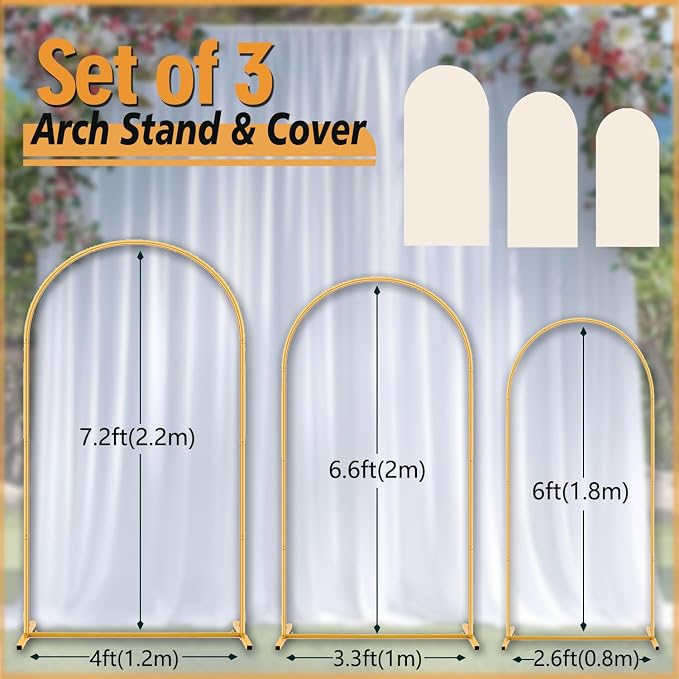 Arch Backdrop Stand and Cover Set (7.2ft,6.6ft,6ft) Metal Arch Frame Stand Gold with Beige Cover for Wedding Birthday Party Baby Shower with Storage Bag(Beige, 7.2FT+6.6FT+6FT)