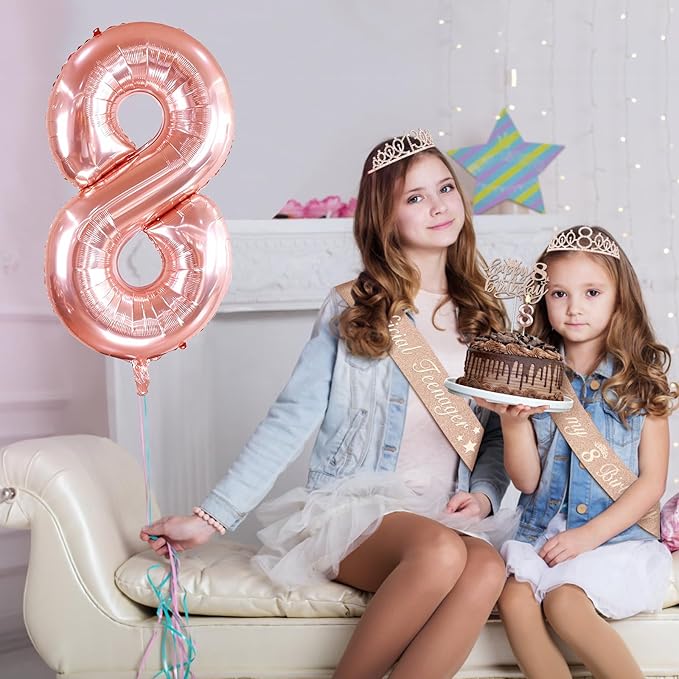 8th Birthday Decorations for Girls, Including 8th Birthday Sash and Tiara, Cake Topper and Candle, Number Balloon, 8 Year Old Girl Gifts