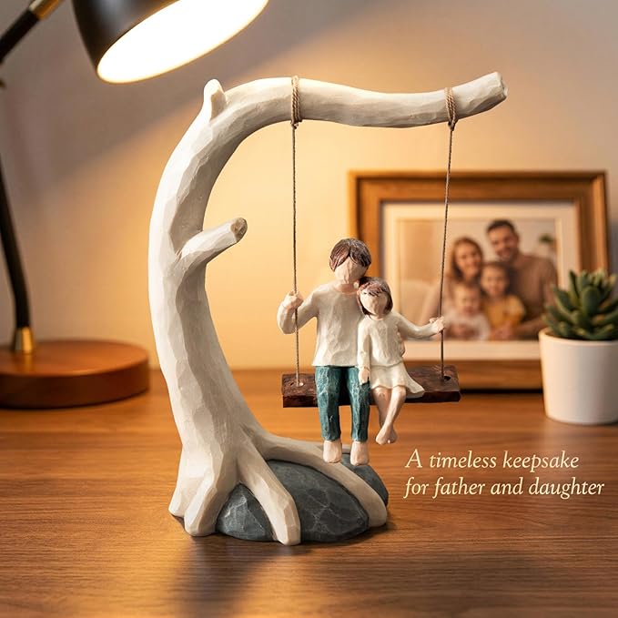 Father and Daughter Swing Statue, 9.2" Hand-Painted Resin Figurine Sculpted Home Decor, Dad Gifts from Daughter for Father's Day, Birthday, Desktop Shelf Decoration, Sentimental Gifts for office