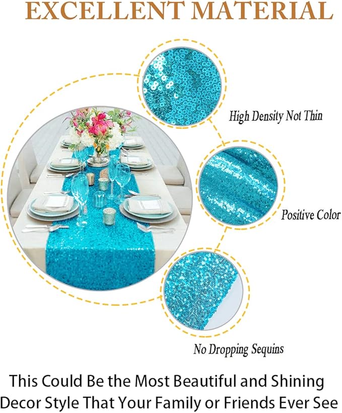 ShinyBeauty Turquoise Table Runners - Pack of 2 Sequin 12inx108in Aqua Blue Bridal Shower Decorations Wedding Reception Round Table Runners for Dining Room