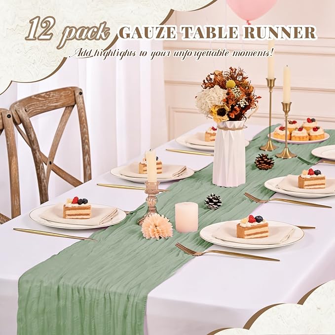 Pesonlook 24 Pack Sage Green Table Runner, Cheesecloth Table Runner Long Romantic Semi Sheer Rustic Boho Gauze Table Runners for Wedding Bridal Shower Birthday Party Decorations(17.7×108 Inch)