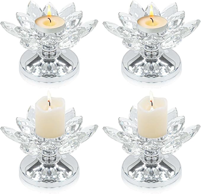 4 PCS Silver Crystal Flower Tea Light Holder, Glass Tealight Candlestick with Metal Base, Votive Candle for Table Centerpiece, Wedding/Parties Decor, Nice Gift
