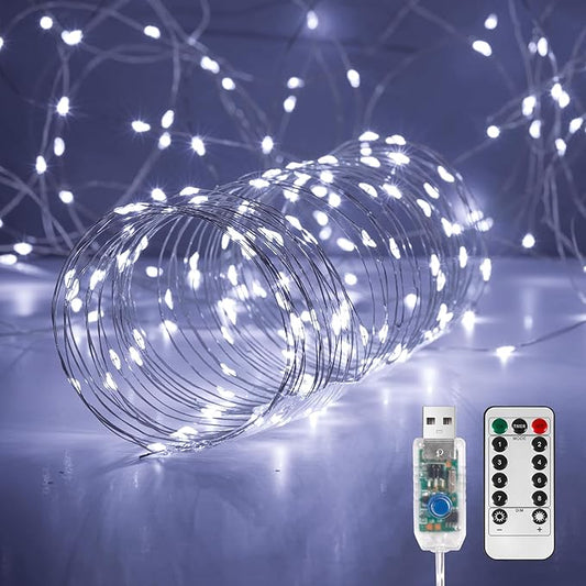Ariceleo 1 Pack 32. 8 ft. USB Powered Fairy Lights with Remote & Timer, 100 LED USB Twinkle String Lights - Silver Wire, 8 Modes, Waterproof, Cool White Starry Lights for Party, Wedding, Christmas