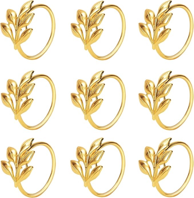 KPOSIYA Set of 6 Leaf Napkin Rings Metal Gold Napkin Holder Table Napkin Rings for Thanksgiving Day Christmas Dinning Table Parties Everyday (Ye Zi-Gold 6)
