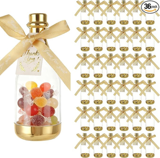 36PCS Mini Champagne Bottle Candy Container Shaped Jars Gold Plastic DIY Favor Candy Bottle Wedding Party Favor Containers, Comes with Card and Bow Ribbon
