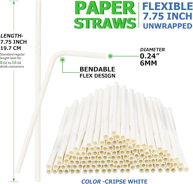 Bendable Paper Straws for Drinking, White, 7 3/4 inches, 250 Count - Great for Kids, Elderly, Home and Restaurant
