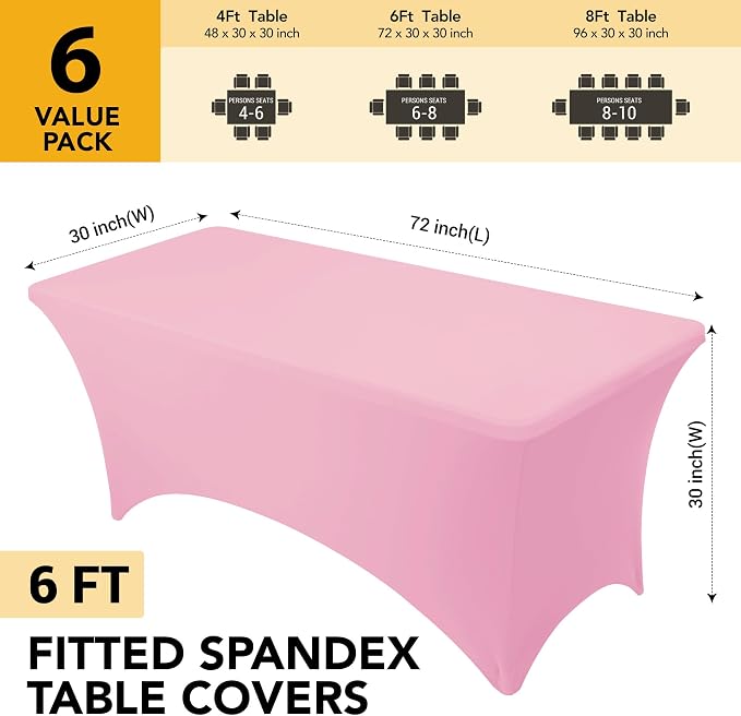 6-Pack Premium Pink Spandex Tablecloths for 6ft Rectangle Tables, Stain & Wrinkle-Resistant, Washable Stretch Polyester Fitted Table Cover for Weddings, Banquets, Trade Shows Events