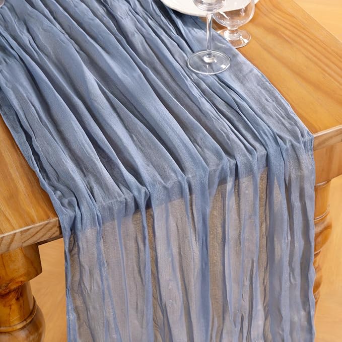 DeZerlor Dusty Blue Cheesecloth Table Runner 10 Pack Spring Easter Table Runners Boho Gauze 120 Inches Blue Table Decor for Wedding Bridal Baby Shower Parties