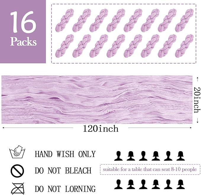 16 Pack Lavender Cheesecloth Table Runner 20 x 120 inch Gauze Table Runners 10 FT Long,Semi Sheer Boho Cheese Cloth Fabric Table Runner Bulk for Wedding,Party,Baby Shower,Bridal Shower Decoration