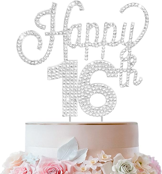 LINGTEER Happy 16th Birthday Silver Rhinestone Cake Topper - Cheers to 16th Birthday Sixteen Years Old Party Cake Centerpieces Topper Decorations Gift Sign.