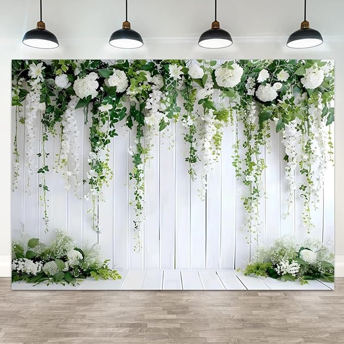 9x6ft White Flower Backdrop Green Leaves Wedding Bridal Shower Photography Background Floral Rustic Wood Wall Birthday Party Banner Decorations Reception Ceremony Portrait Photo Booth Prop
