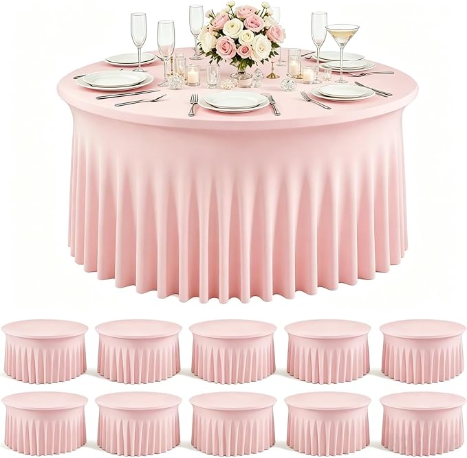 10 Pack Pink Spandex Round Tablecloths for 60inch Tables, 120 Inch Stretchy 5ft Round Fitted Tablecloth Wrinkle Free Washable Table Cloths Table Covers with Skirt for Wedding Party Birthday Banquet