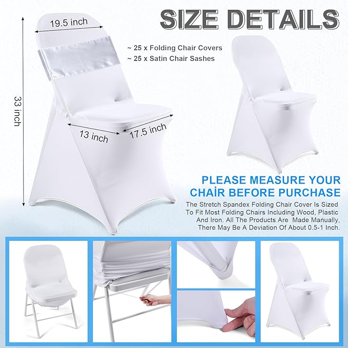 Lounsweer 50 Pcs Folding Chair Cover Set with 25 Stretch Spandex Slipcovers 25 Satin Chair Sashes Bows Ribbon Washable Banquet Protector for Wedding Event Party(White, White)