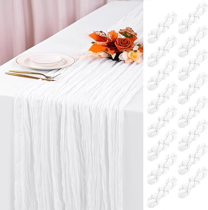 16 Pack White Cheesecloth Table Runner 120 Inch 10FT Spring Boho Rustic Sheer Gauze Cheese Cloth Table Runner for Wedding Baby Shower Birthday Party Table Decor