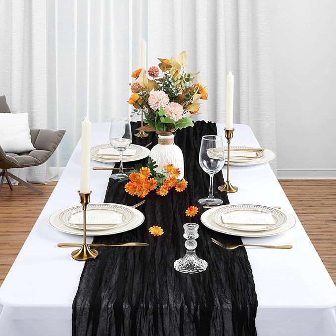 6 Pack Black Table Runner Cheesecloth 10Ft Gauze Cheese Cloth Table Runner 35x120 Inch Boho Sheer Rustic Fabric for Holiday Party Decor Baby Shower Wedding Home Decorations