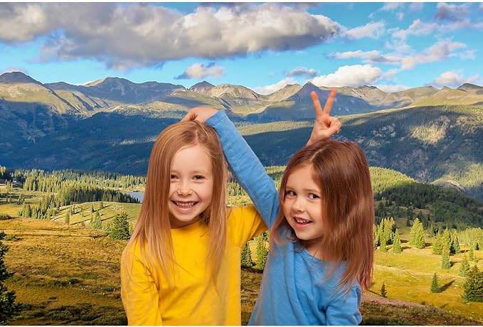 Mountains Lake Backdrop Pine Trees Forest Natural Landscape Photography Background Outdoor Hiking Camping Backdrop Cloudy Blue Sky Background Photo Portraits Video Studio Photo Booth Props 6x4ft