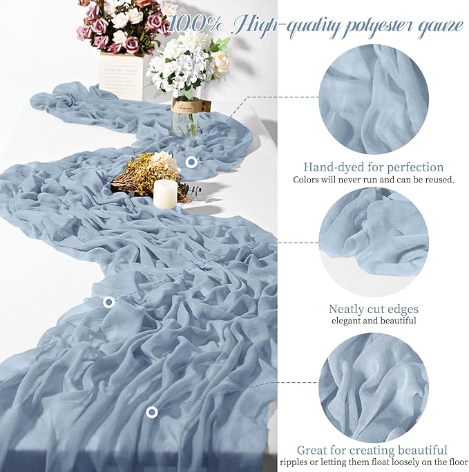 Teruntrue 24 Packs Dusty Blue Cheesecloth Table Runner,10ft Rustic Gauze Boho Wedding Table Runner Decoration, Wedding Table Decor Sheer Table Runner for Wedding Party Bridal Shower Table