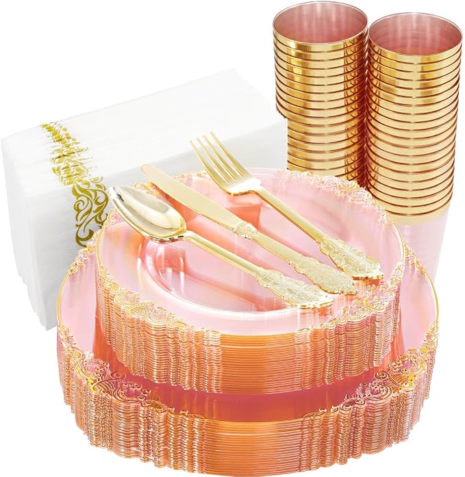 Hioasis 175pcs Pink and Gold Plates - Pink Party Plates for 25 Guest, Include 50 Heavy-duty Plates(20% Thicker Than Standard), 75 Cutlery Set, 25 Napkin, 25 Cups for Party & Easter