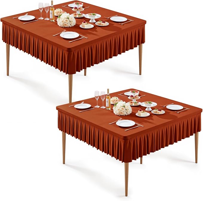 Wish Care 2 Pack Rust Spandex Tablecloths for 48x48 Inch Square Tables, Stretch Fitted Table Clothes with Pleated Ruffle Skirt for 48” Table, Wrinkle Free and Elastic, for Party Kitchen Home Dining