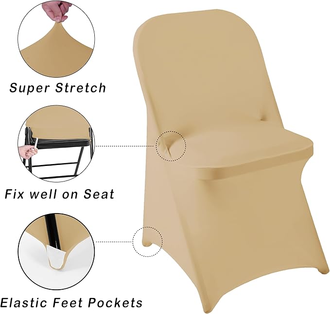 12 PCS Waterproof Stretch Spandex Folding Chair Covers, Dining Room Chair Slipcovers Protector for Wedding, Banquet, Party, Holidays, Celebration and Decoration（Champagne）