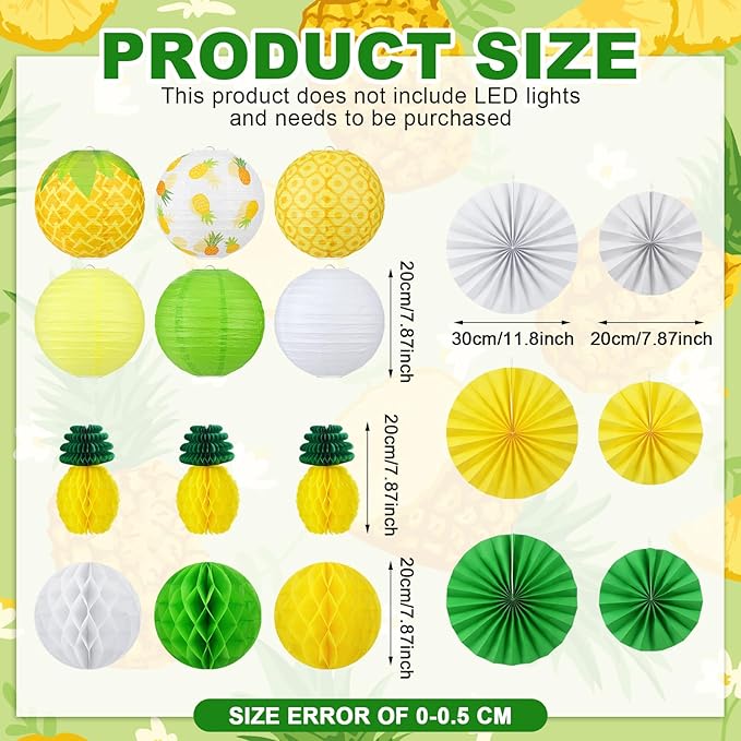Retisee 18 Pcs Pineapple Party Decoration Yellow Pineapple Hanging Paper Lantern Honeycomb Fans Summer Fruit Honeycomb Ball for Summer Fruit Pineapples Theme Party Ceiling Decor Supplies