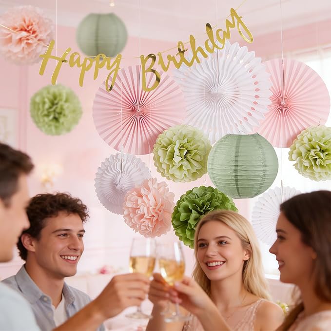 EASY JOY Sage Green and Pink Party Decorations Green Birthday Decorations Sage Tissue Pom Poms Paper Lanterns White Paper Fans (11pcs) for Women Girls Birthday Wedding Bridal Shower Baby Shower