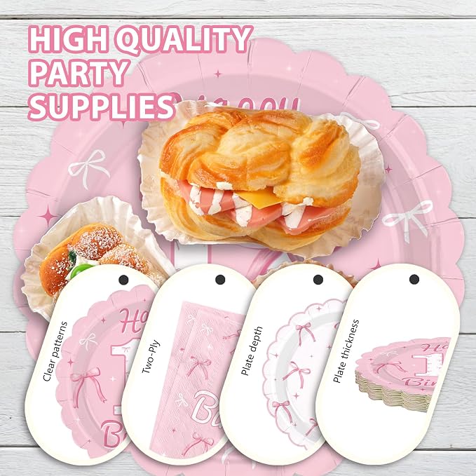 96Pcs Pink Bow Party Supplies Coquette 11th Birthday Party Plates and Napkins Disposable Bow Themed Tableware Set for Girl Happy 11th Birthday Graduation 2026 Decorations, Serves 24