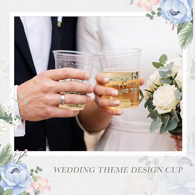 Jingmore 200 Pcs Wedding Plastic Cup 12 oz Wedding Disposable Cups for Reception Thick Clear Cup Happily Ever After Mr and Mrs Just Married Cups for Bridal Shower Decorations (Green Floral)