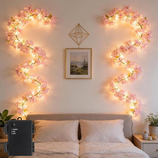 Pink Cherry Blossom Decor Light：7.9Ft 80Led Cherry Blossom Branches Light Battery-Operated with Timer for Indoor Wall Bedroom Party - Artificial Bendable Flower Garland for Easter Spring Decor