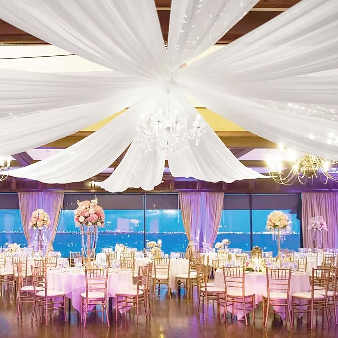 FOTSHARER Ceiling Drapes for Weddings White Ceiling Drapes 5x20FT Wide 4 Panels Tulle Curtain Panels Ceiling Ceiling Fabric Draping Fabric for Bedroom Ceremony Chiffon Curtain Backdrop Decorations