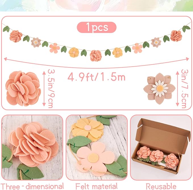 Handmade Felt Flower Garland, Flower Party Decorations, Pre-Strung Spring Garden Decorations for Girls Women Mom, Floral Birthday Party Decor