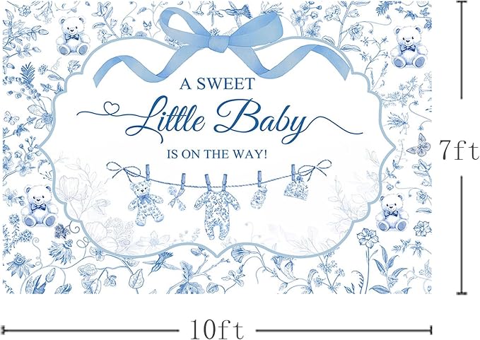 MEHOFOND 10x7ft Toile de Jouy Baby Shower Backdrop for Boy A Sweet Little Baby is on The Way Decorations Banner Blue Bow Baby Clothes Chinoiserie Floral Bear Baby Shower Photography Background
