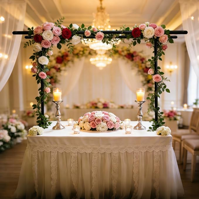 Beyeutao Black Over The Table Rod Stand with Clamps Metal Double Crossbar Table Arch Stand 16"-87" Length 16"-45" Height Adjustable Table Banner stand Garden Arbors Fit for Wedding Birthday Party Christmas Decoration