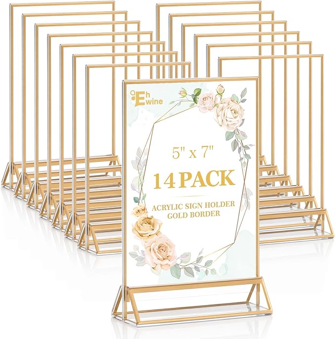 EHWINE 14 Pack 5×7 Clear Acrylic Sign Holder with Gold Borders and Vertical Stand, Double Sided Table Menu Holders Picture Frames for Wedding Table Numbers, Restaurant Signs, Photos and Art Display