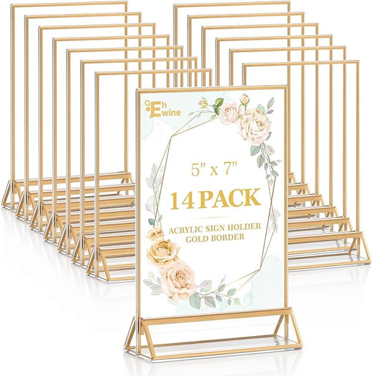 EHWINE 14 Pack 5×7 Clear Acrylic Sign Holder with Gold Borders and Vertical Stand, Double Sided Table Menu Holders Picture Frames for Wedding Table Numbers, Restaurant Signs, Photos and Art Display