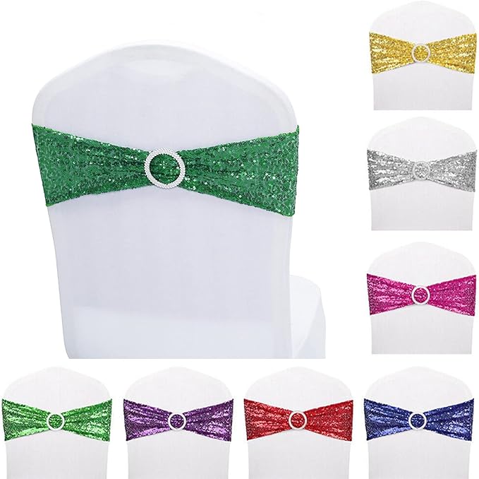 10 PCS Stretch Sequin Chair Sashes Chair Stretchy Spandex Bands for Wedding Reception Events Banquets Chairs Decoration (Green)