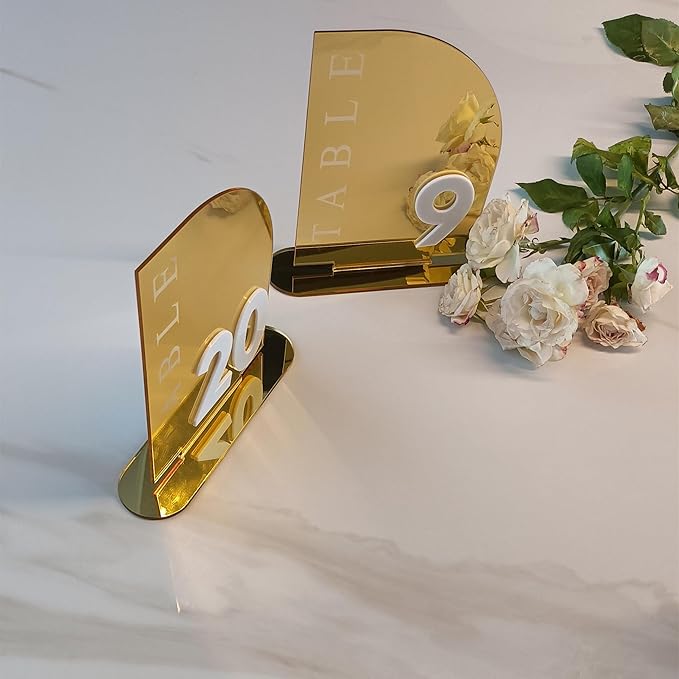 Acrylic Wedding Table Numbers,Semi-Arched Mirrored Acrylic Table Numbers for Any Party Occasion,Valentine's Day Party,Luxury Decoration(Number 1-20, Gold Mirror)
