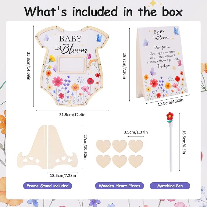 Baby in Bloom Baby Shower Decorations,Wildflower Baby Shower Guest Book Alternatives with Butterfly Pen,Photo Frame and 60 Heart Wood Slices for 60 Guests,Gender Reveal Decorations