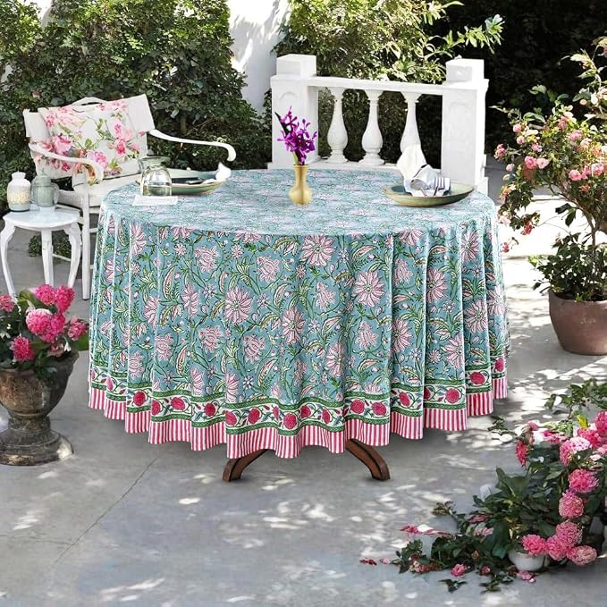 Ridhi Round Tablecloth Hand Block Print 100% Cotton Reusable Turquoise Blue 120 Inch Table Cover Decorative Everyday Use for Dining, Home, Party, Wedding, Farmhouse Gift for Spring, Mother's Day