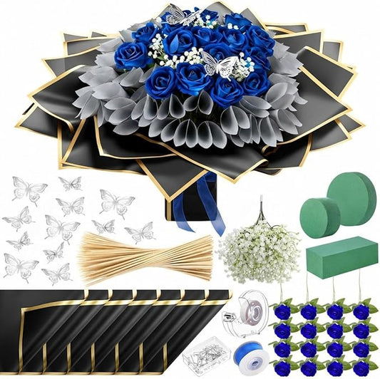 Marspark Graduation Money Bouquet Flower Kit Gift Included 20 Sheet Flower Wrapping Paper 36 Fake Flowers 100 Bamboo Skewer Floral Foam Block for Mother's Day Anniversary Wedding(Blue,Classic)
