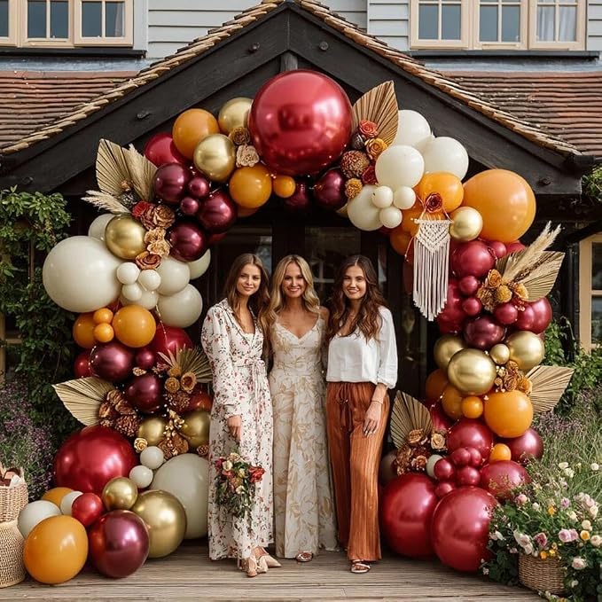 Burgundy Burnt Orange Balloon Arch Kit - Retro Boho Fall Balloon Garland with Metallic Gold Cream for Autumn Fall Harvest Thanksgiving Birthday Baby Shower Party Decorations