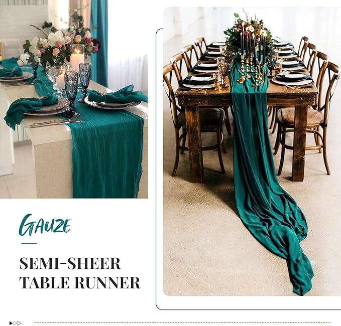 Showgeous 10 Pack Teal Cheesecloth Table Runner Gauze Table Runner 10FT Long Semi-Sheer Table Runner Boho or Rustic Wedding Table Decor for Wedding Decor Arch Draping Bridal Shower Holiday Party