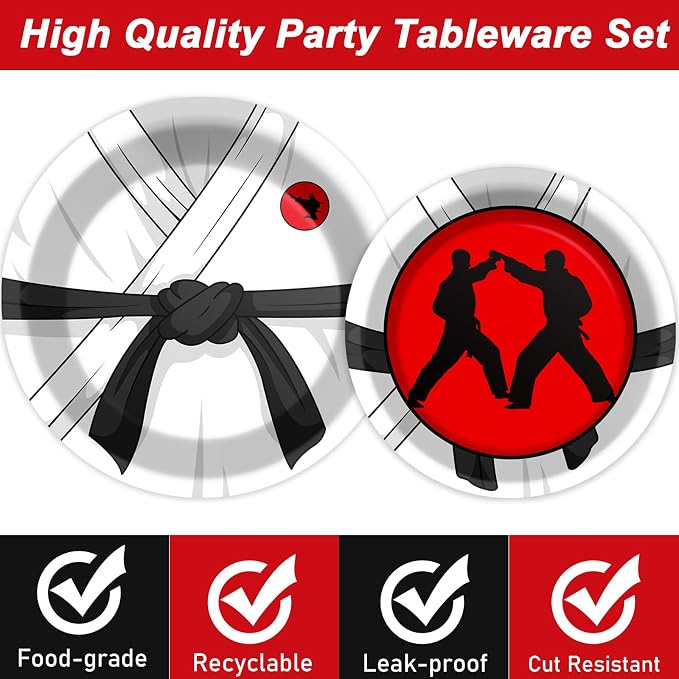 50 Guests Karate Party Supplies Karate Plates and Napkins Forks Disposable Tableware Set Paper Plates for Karates Theme Party 200PCS