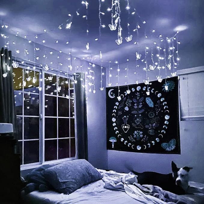 Butterfly Curtain Fairy Lights USB Plug in,8 Modes 120 LED 20FT Firefly Twinkle Timer String Lights with Remote, Waterproof Copper Wire for Bedroom Patio Christmas Wedding Party (Cool White)