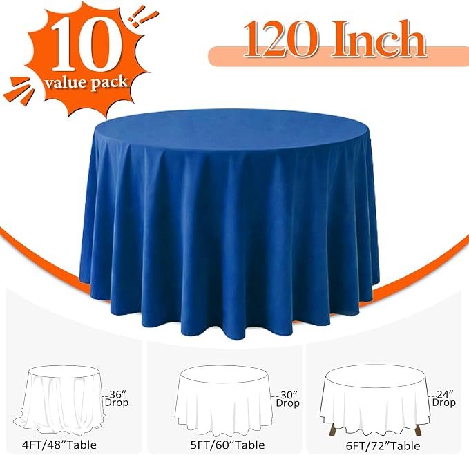 10 Pack Royal Blue Round Tablecloth 120 Inch Round Table Cloth Wrinkle Resistant Royal Blue Tablecloth Washable and Reusable Polyester Fabric Table Covers for Banquet Wedding Party Dining Buffet
